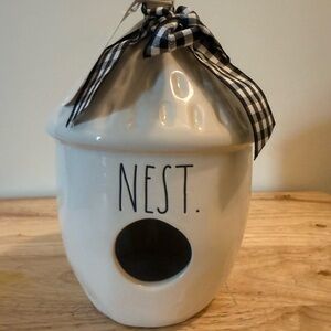 Rae Dunn White Nest Ceramic Birdhouse with Black Gingham Ribbon